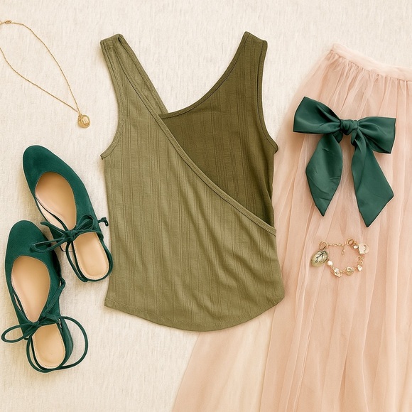 Pilcro Dual Tone Asymmetrical Tank Top Olive Green Ribbed Sustainable Cotton, S - Picture 8 of 12